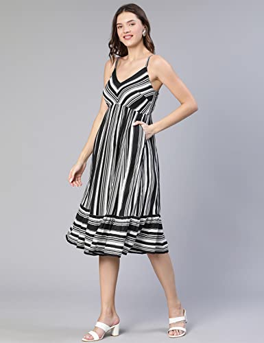 Image of oxolloxo Women Stripe Print Shoulder Strap Flared Dress