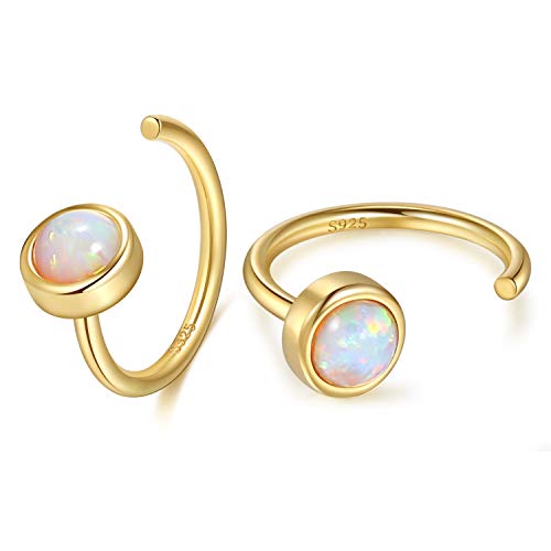 Hug Hoop Earring 18K Gold Plated 925 Sterling Silver Synthetic White Fire Opal Huggie Earrings for Women Created Gemstone Earrings Open Hoop Earrings Half Hoop Earrings Tiny Hug Hoops