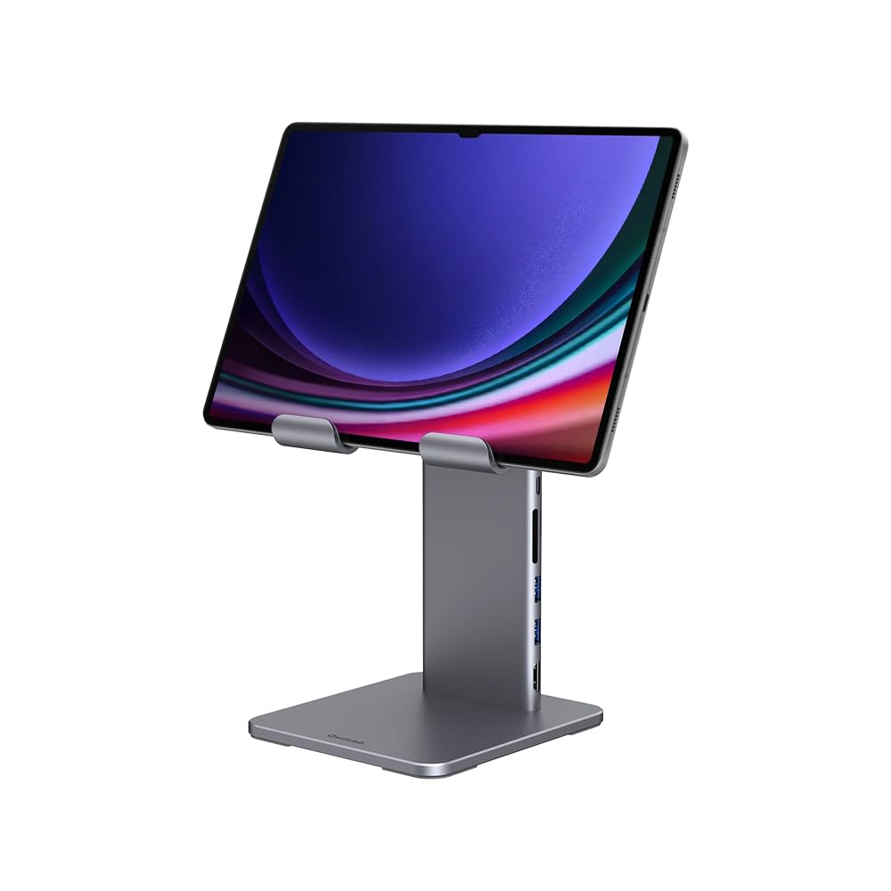QwiizlabAluminum Stand with USB-C Hub for iPad Air/Pro and Android Tablets, 4K HDMI, 104MB/s Card Readers, 5Gbps USB3.0, 60W PD, 3.5mm Audio, Adjustable 80°Tilt