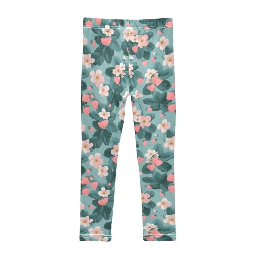 Girls' Athletic Leggings Ankle Length Yoga Dance Pants Kids Teen 4T Strawberry Flower Green2