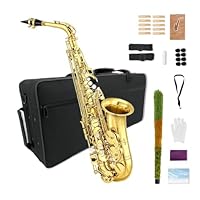 WUQIMUSC Altsaxophon Anfänger Kit für Erwachsene, Student Saxophon Eb, Professionelles Messingsaxophone Instrument mit Saxophonkoffer, Mundstück, Blättern, Handschuhen, Reinigungstuch & Bürste (Gold)