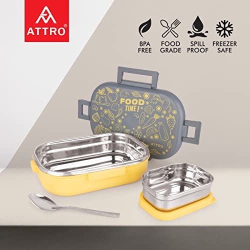 Image of Attro Food Time Stainless Steel Lunch Box, Airtight & Leak Proof - 2 Containers with Spoon (Big 750 Ml & Small 250 Ml) for Office Use, School, Picnic - Grey & Yellow