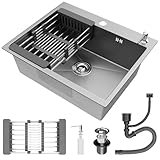 STANEW Lavello Cucina in Acciaio Inox 55 x 45cm,con Dispenser sapone, Lavello da Incasso A 1 Vasca,con Troppopieno e Sifone