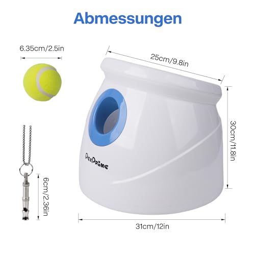 Pet Prime Automatischer Ballwerfer für Große Hunde, Ballwurfmaschine mit 3 Distanzstufen (3-12M) Ballmaschine mit 6x6,35cmTennisbällen, Wiederaufladbarem & Hundepfeife für Outdoor-Spiele (Maxi-Werfer)