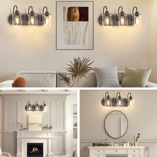 Image of Vanity Light Fixtures With Clear Glass Shades - 3-Light Black Bathroom Light Over Mirror - Modern Wall Lamp for Bathroom, Bedroom, Living Room, Hallway, Porch