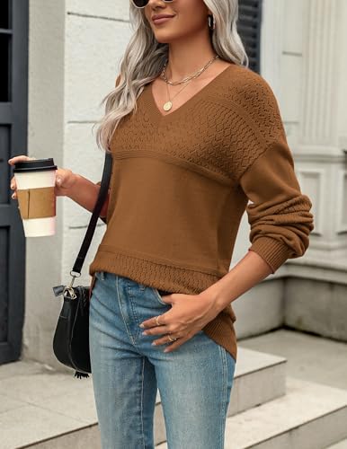 Image of Zeagoo Womens 2026 Fall Sweaters Casual Long Sleeve Ribbed Knit Pullover V Neck Lightweight Crochet Pullover Sweater Top