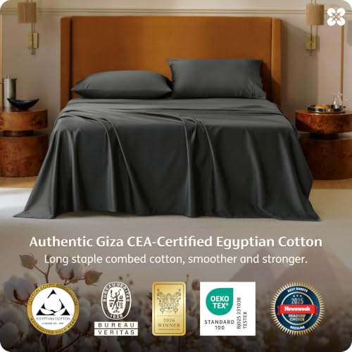 Image of Bedsure PureWoven 100% Giza Egyptian Cotton Queen Sheet, CEA & BV Certified | 18 inch Deep Pocket Sateen Sheets with Corner Straps, Durable & All-Season Breathable, Hotel Luxury, Oeko-Tex, Giftable, Grey