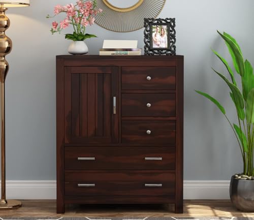 Image of Solid Sheesham Wood 5 Drawer Chest of Drawers with 2 Shelf Storage and Spacious Dresser for Hall Home Office Furniture, Kitchen Cabinet, Stylish Wooden Drawers (Henry)