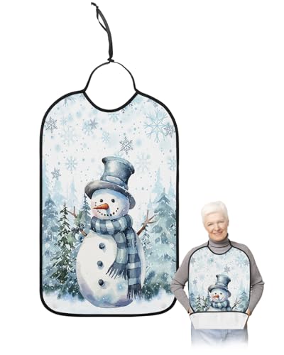 LEOKOTI Blue Snowman Christmas Adult Bibs for Eating, Waterproof Bibs with Food Catcher & Adjustable Snap Closure, Xmas Tree Winter Snowflake Washable Clothing Protectors Adult Bibs for Elderly