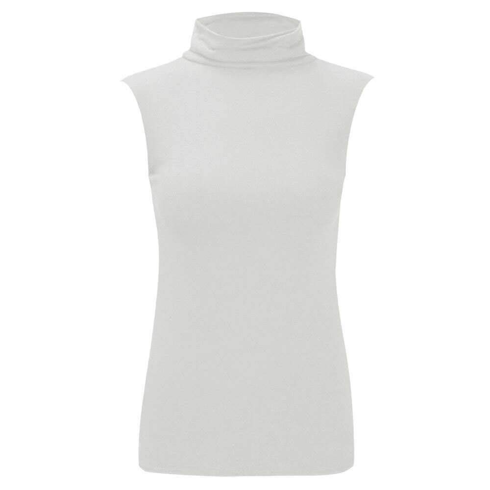Janisramone Women's White Turtle Polo Neck Sleeveless T-Shirt Plain Casual Stretchy Bodycon Vest Tee Top