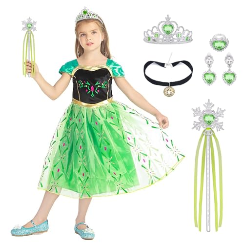 URAQT Girls' Anna Costume Dress, Children's Princess Costume for Carnival Party Cosplay Fancy Dress Halloween Party Birthday with Accessories Crown Wand