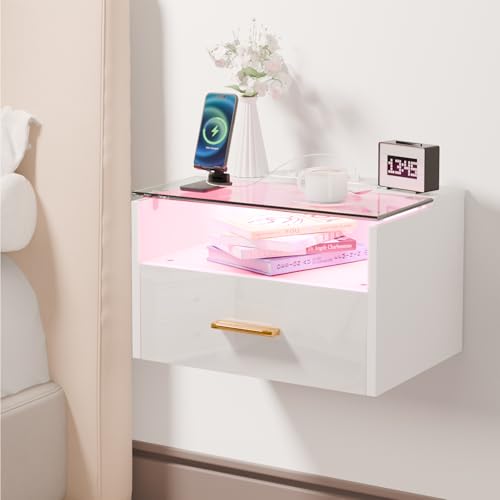 Ztexkee Mesita de Noche Flotante Mesilla de Noche Suspendida con Enchufe y Tira de luz RGB Cristal Mesitas de Noche con 1 Cajón y 1 Compartimento para Dormitorios, Salones,Blanco