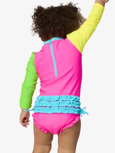 Image of RuffleButts Baby Girls UPF 50+ Sun Protection Floral Printed Long Sleeve One Piece Rash Guard Swimsuit with Zipper