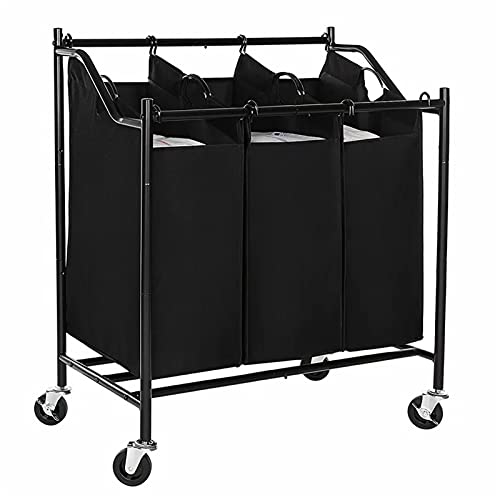 Carrito para la colada negro con 3 bolsas de tela y ruedas resistentes