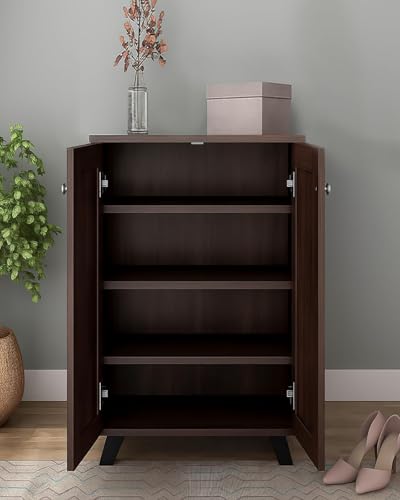 Image of Mevigo Shoe Rack Wooden with Door - 2 Door 4- Tier Engineered Wood Shoe Rack Organizer for Entryway, Hallway & Bedroom, Space Saving Shoe Storage Cabinet -Brown-JB1