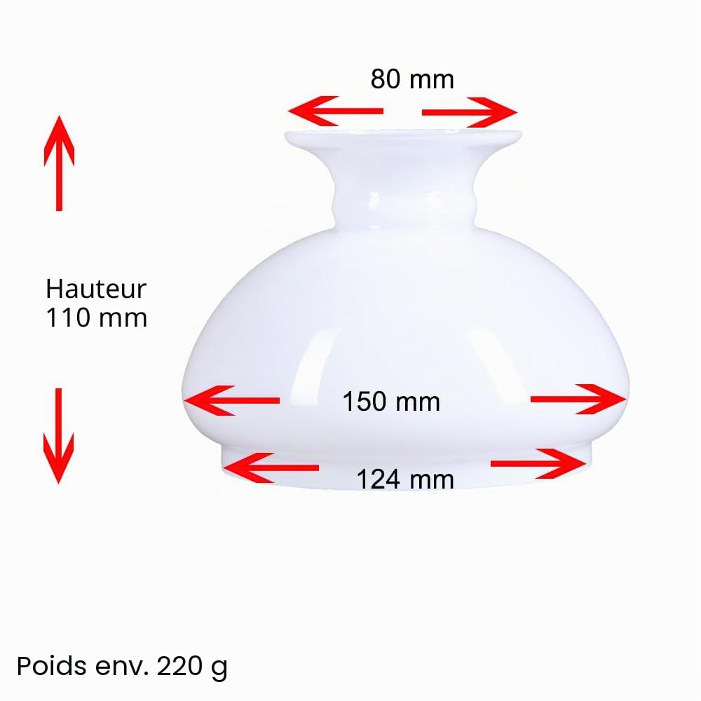 Abat-jour en verre, opale, blanc, diamètre : 124 mm, lampe à pétrole, de rechange
