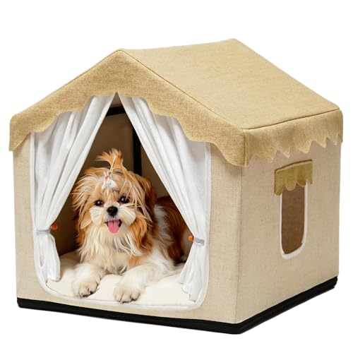 Pelemee Indoor Dog House Breeze Pet Tent with Sturdy Frame & Window Dog Cave Bed with Washable Cover for Cat & Small Dogs (8-20 lb) 18 Cream