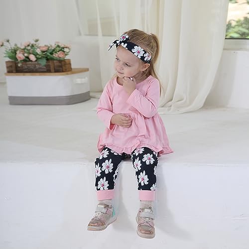 Image of Toddler Baby Girl Clothes Solid Color Long Sleeve Ruffle Tops Pants Headband Outfits Set