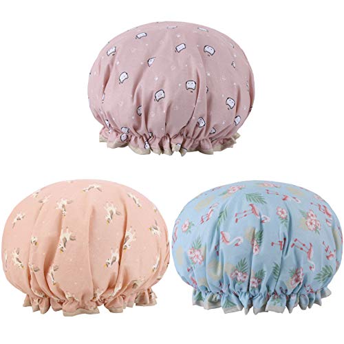 Cartoon Shower Cap, 3 PACK Bath Cap for Women Long Hair Waterproof & Reusable Double Layered