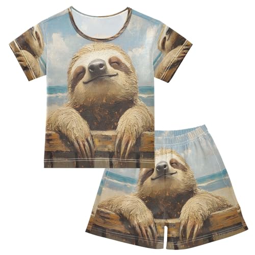 ALAZA Sloth Funny Ocean Sky Pajamas Set Short Sleeve Cotton Sleepwear Summer Pjs 2 Piece 5-14Y
