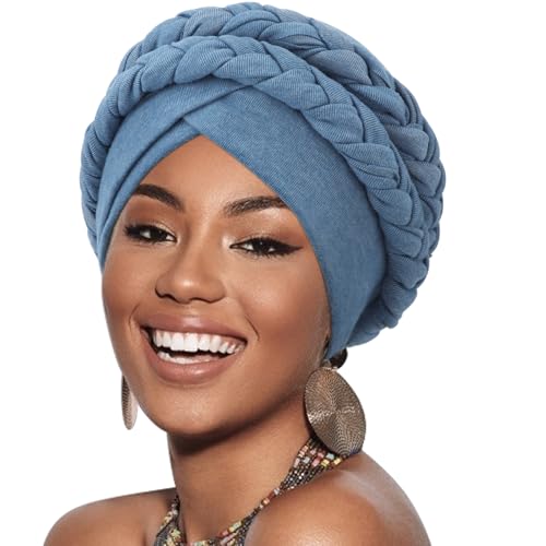 Image of DRESHOW African Women Turban Caps Cotton Beanie Twist Headscarf Pre-Tied Double Twisted Braids Wrap Hat Chemo Cancer Cap