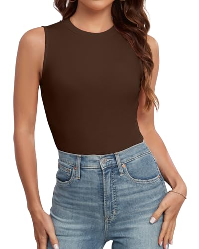 AUHEGN Women's High Neck Tank Top 2024 Summer Casual Ribbed Knit Slim Fitted Basic Textured Sleeveless Shirts Coffee Large