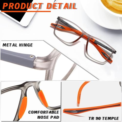 Hubeye TR90 Sports Reading Glasses for Men and Women Square Comfortable Flexible Blue Light Blocking Computer Reader