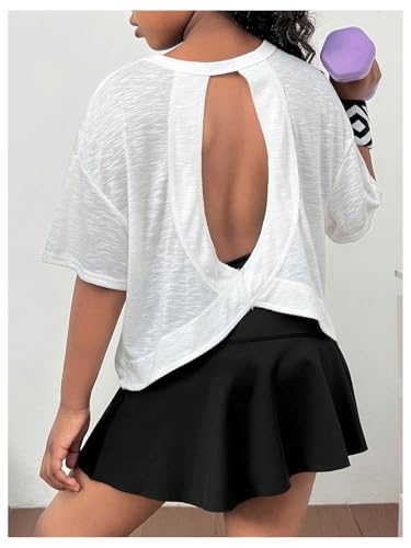 Girl's Open Back Backless Tops Cut Out Short Sleeve Crew Neck Sports Athletic T Shirts Boxy Tee3