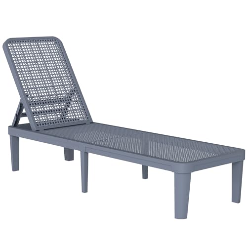 Outsunny Tumbona Reclinable, Tumbona Jardín Exterior de PP con Respaldo Ajustable en 4 Niveles, Carga 120 kg, para Patio, Terraza, Balcón, Montaje Fácil, 191x55x35,5 cm, Gris Oscuro