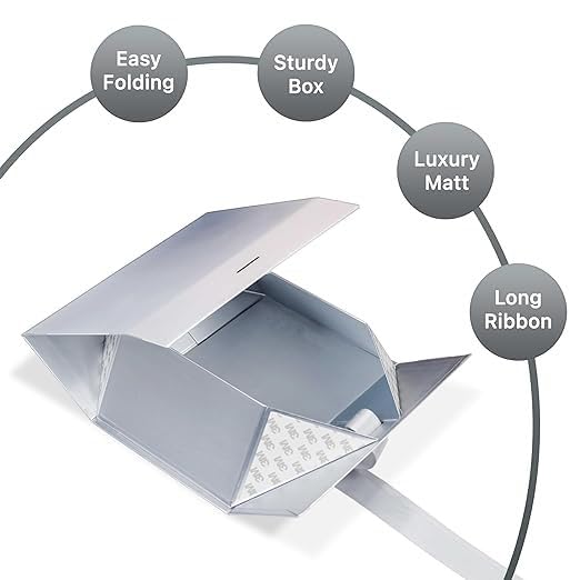 Image of RBS - Queen Victoria Luxury Matte Silver Foldable Gift Box 23 x 16 x 10 cm with Ribbon Decorative Empty Packaging Box for Gifting Multipurpose Storage Organizer Holds up to 5 Kg (Silver)