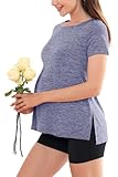 Women's Maternity T-Shirt Short Sleeve Split Side Pregnancy Tops Maternity Clothes, Large Light Blue
