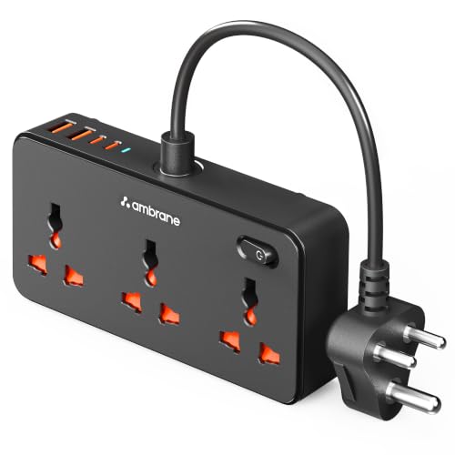 Image of Ambrane 7-in-1 Extension Board, 2 USB, 2 Type C, 3 AC Sockets 2500W, Perfect for Compact Spaces, Charge 7 Devices from 1 Socket, Hangable Cable Design, Works with All Devices (Smartstrip 5, Black)