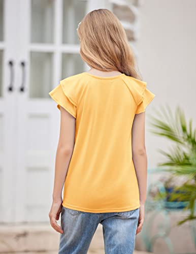 Image of Girls T Shirts Ruffle Short Sleeve Round Neck Loose Blouse Summer Solid Color Casual Girl Tee Tops for 3-12 Years