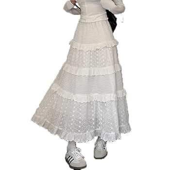 Women's Y2K Boho Ruffle Lace White Maxi Skirt Tiered Long