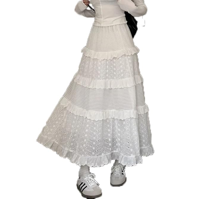 Women's Y2K Boho Ruffle Lace White Maxi Skirt Tiered Long Skirt Elastic High Waist Pleated A-Line Long Skirt