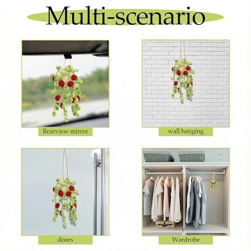 Image of Cute Air Freshener for Car, Crochet Car Accessories Air Freshener, Cute Rear View Mirror Accessories, Handmade Crochet Plant for Cars, Red Rose