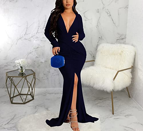 Image of Women's Elegant Formal Mermaid Maxi Dress Off Shoulder Long Sleeve Wedding Split Evening Gown Prom Cocktail Party Dresses