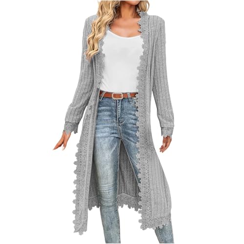 Long Sleeve Ribbed Knit Long Cardigan for Women 2025 Fall Winter Lace Trim Open Front Cardigan Sweaters with Pockets