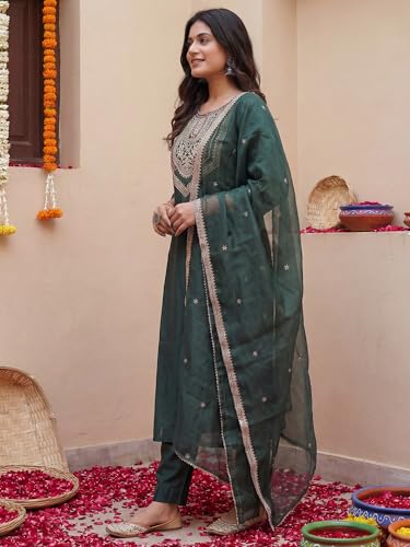 Image of INDO ERA Women's Cotton Solid Straight Kurta Palazzo With Dupatta Set