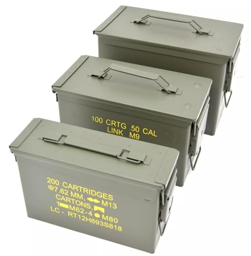 Costruzione: scatola per munizioni in metallo resistente di grado militare con coperchi incernierati e guarnizioni in gomma per la massima durata e protezione. Coperchio completamente rimovibile con chiusure in metallo pesante.
