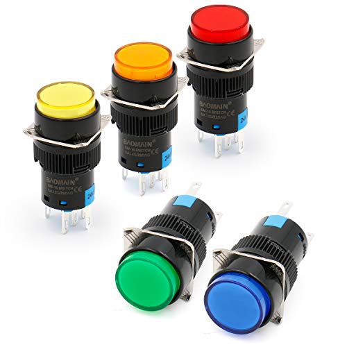 Baomain 16Mm Push Button Switch Momentary Round Cap Led Lamp Red Yellow Orange Blue Green Light Dc 24V Spdt 5 Pin 5 Pack #TOP4
