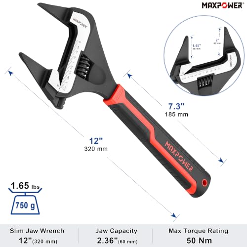 Image of MAXPOWER 12-inch Slim Jaw Adjustable Wrench, 2.36 inch Jaw Capacity