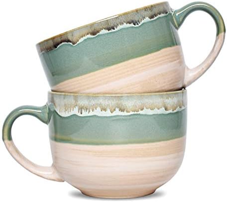 Bosmarlin Large Ceramic Coffee Mug Set of 2, Stoneware Jumbo Latte Mugs for Office and Home, 16 Oz, Dishwasher and Microwave Safe(Green, 2)