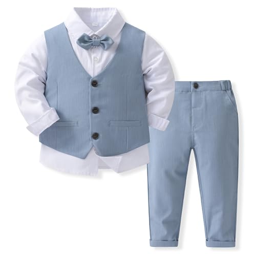 Volunboy Baby Boys Gentleman Suit, Toddler Formal Waistcoat Outfit Wedding Shirts + Vest +Bow Tie 4 PCS Set(Tag Size 110,3-4 Years,Blue White