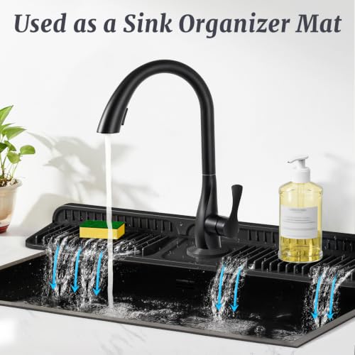 Image of PoYang 24 inch Faucet Mat for Kitchen Sink Splash Guard, 7 Slope Silicone Sink Water Splash Guard for Kitchen Sink Area with Snap Button, Longer Sink Protectors for kitchen Sink Sponge Holder, Black