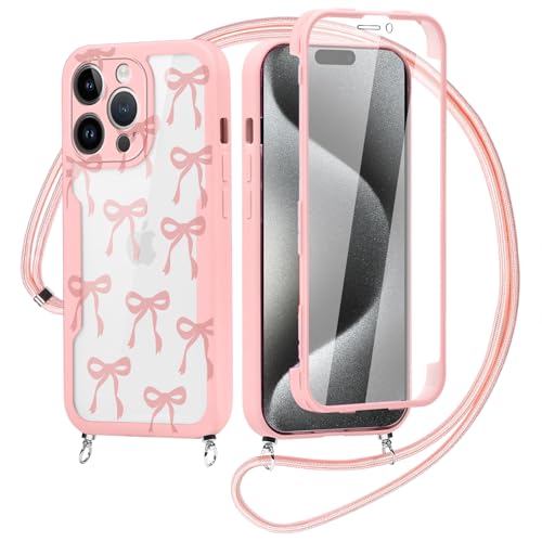 Saqmkil Cover Cordino per iPhone 15 6,1, Trasparente Aesthetic Disegni Cuore Custodia con Collana Tracolla Laccio Collo Corda, Ragazze Morbido TPU Bumper Silicone + PC Antiurto Protettiva Case
