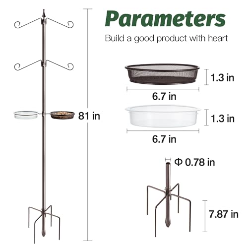 Bird Feeding Station Kit, 81 Inch, 4-Hook, Metal Birds Feeder Stand Pole with Bird Bath and Mesh Tray, Freestanding 5-Prong Base - Image 2