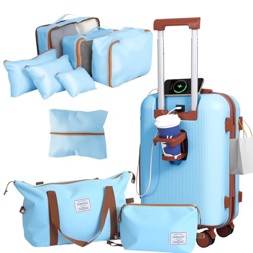 Luggage 10 Piece Set, 20″ Carry On Luggage with Suitcase Organiser, PC+ABS Hard Shell Suitcase, with Spinning Wheels, Suitable for Business Travel, Travel Essentials (Blue)