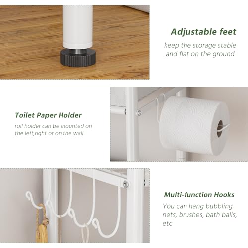 Image of Simple Trending Over The Toilet Storage Rack with Drawers, Metal 3 Tier Bathroom Organizer Shelf with Paper Holder and 3 Hooks, White