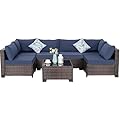 IJIALIFE 7 Pieces Patio Furniture Set, Modular Patio Set Wicker Outdoor Sectional Sofa Set PE Rattan Wicker Patio Conversation Set with Thickened Cushions and Coffee Table,Brown Wicker/Navy Cushion